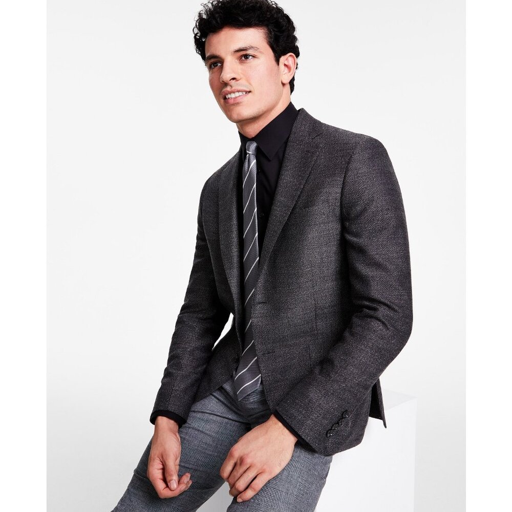 Calvin Klein Men's Slim-Fit Wool Woven Herringbone Sport Coat Charcoal B4HP $375